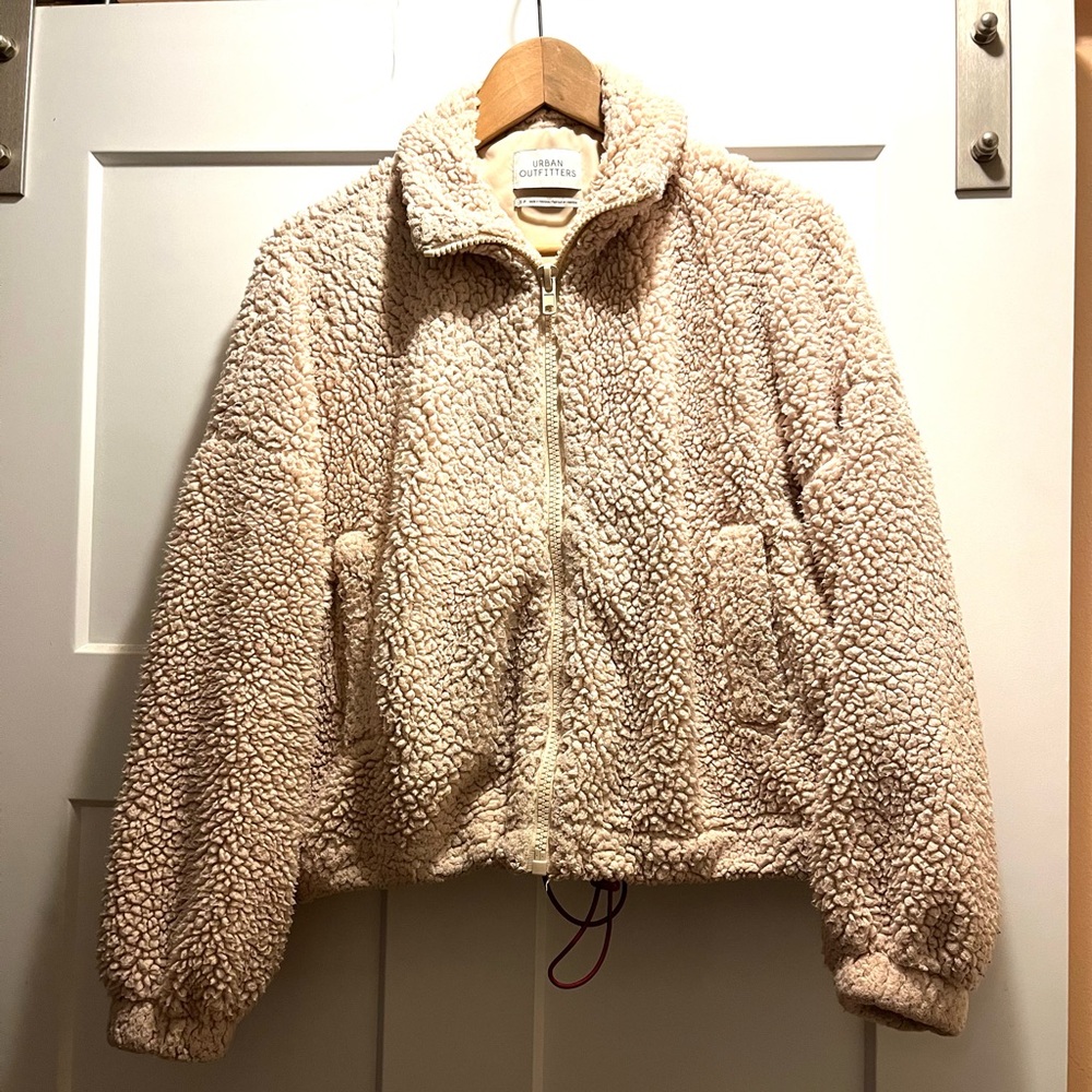 Urban Outfitters Beige Teddy Sherpa Zip Jacket